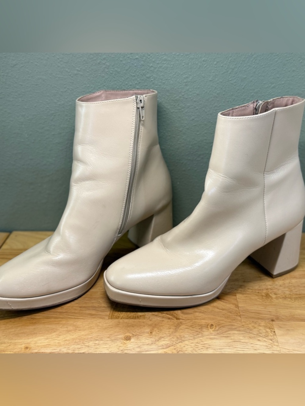 Cream Leather Ankle Boots with Block Heel - Women's